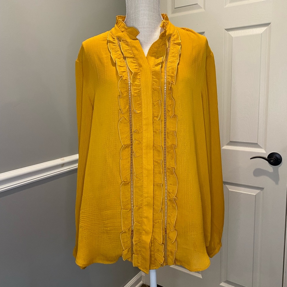 Ann Taylor Blouse XXL Yellow Gold Button Down Long Sleeve